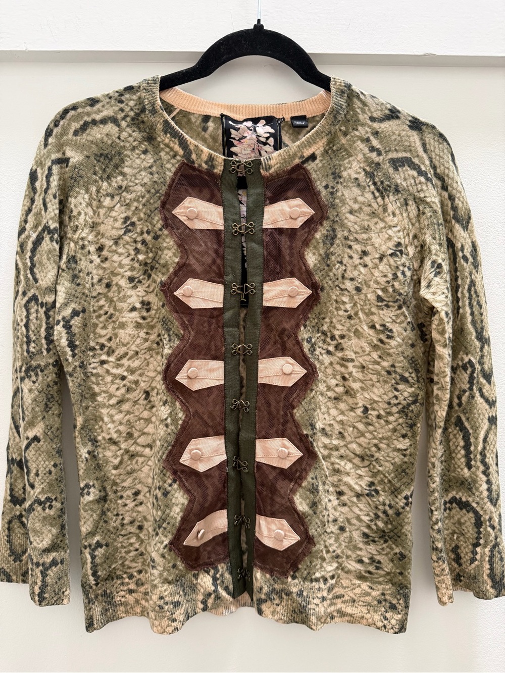 RARE L.A.M.B. Gwen Stefani Cashmere snakeskin print cardigan in Olive and Brown